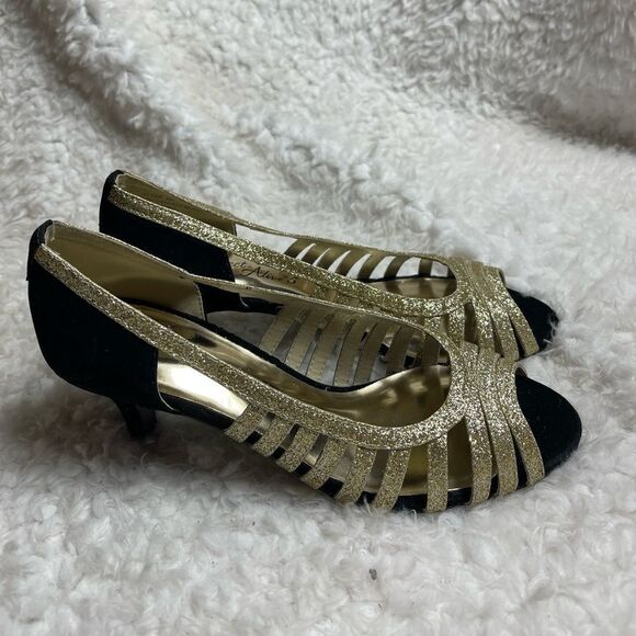 Easy Street gold sparkling and faux black suede strappy slip on open toe SZ8 - Picture 1 of 9